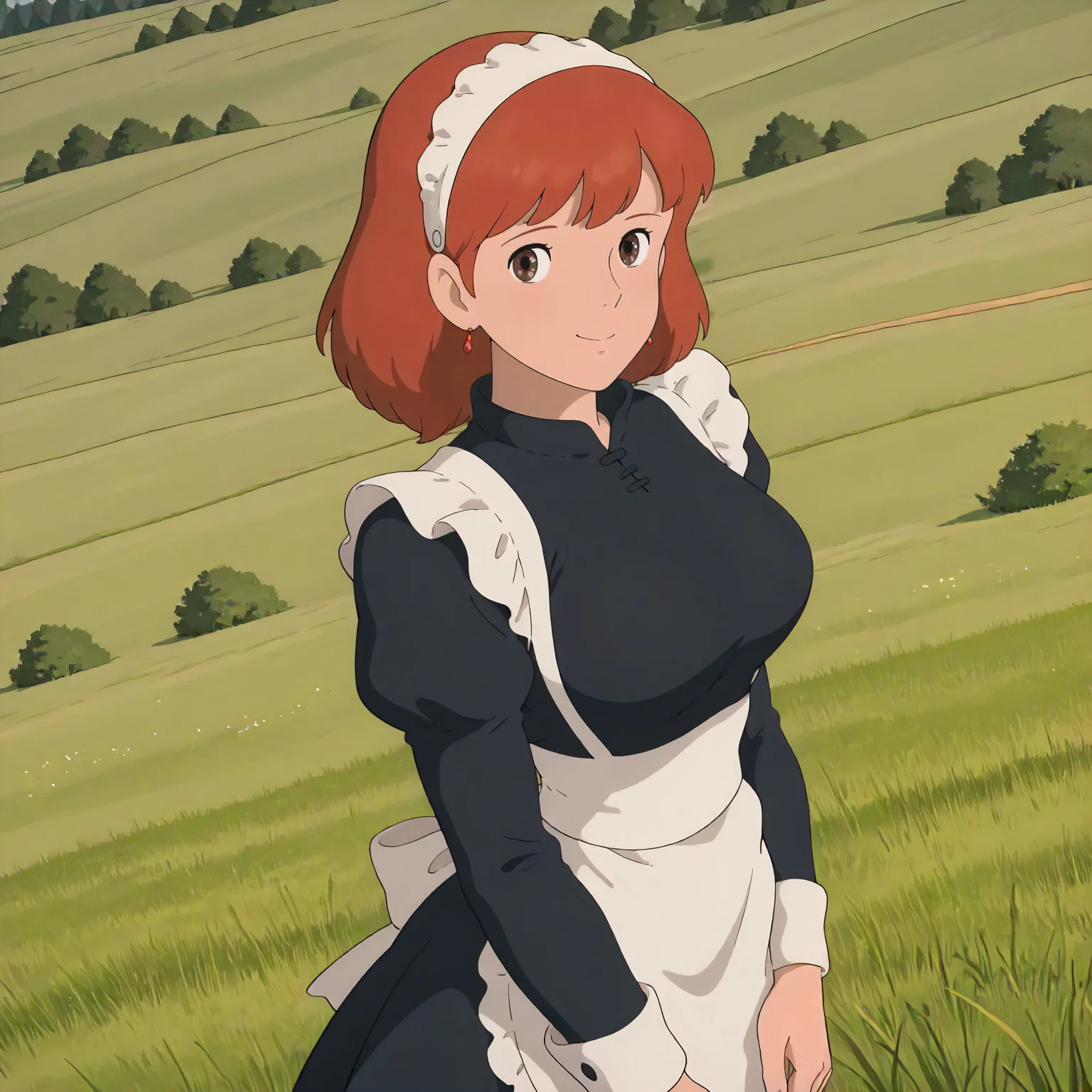 <lora:NotVotW_NausicaaXLIllustrious022>,
masterpiece,best quality,good quality,newest,
outdoors,detailed background,grassland,nature,
smile,
looking at viewer,
solo,
VWNausicaa,1girl,brown hair,medium hair,brown eyes,
breasts,
standing,
maid,black shirt,maid_apron,maid headband,