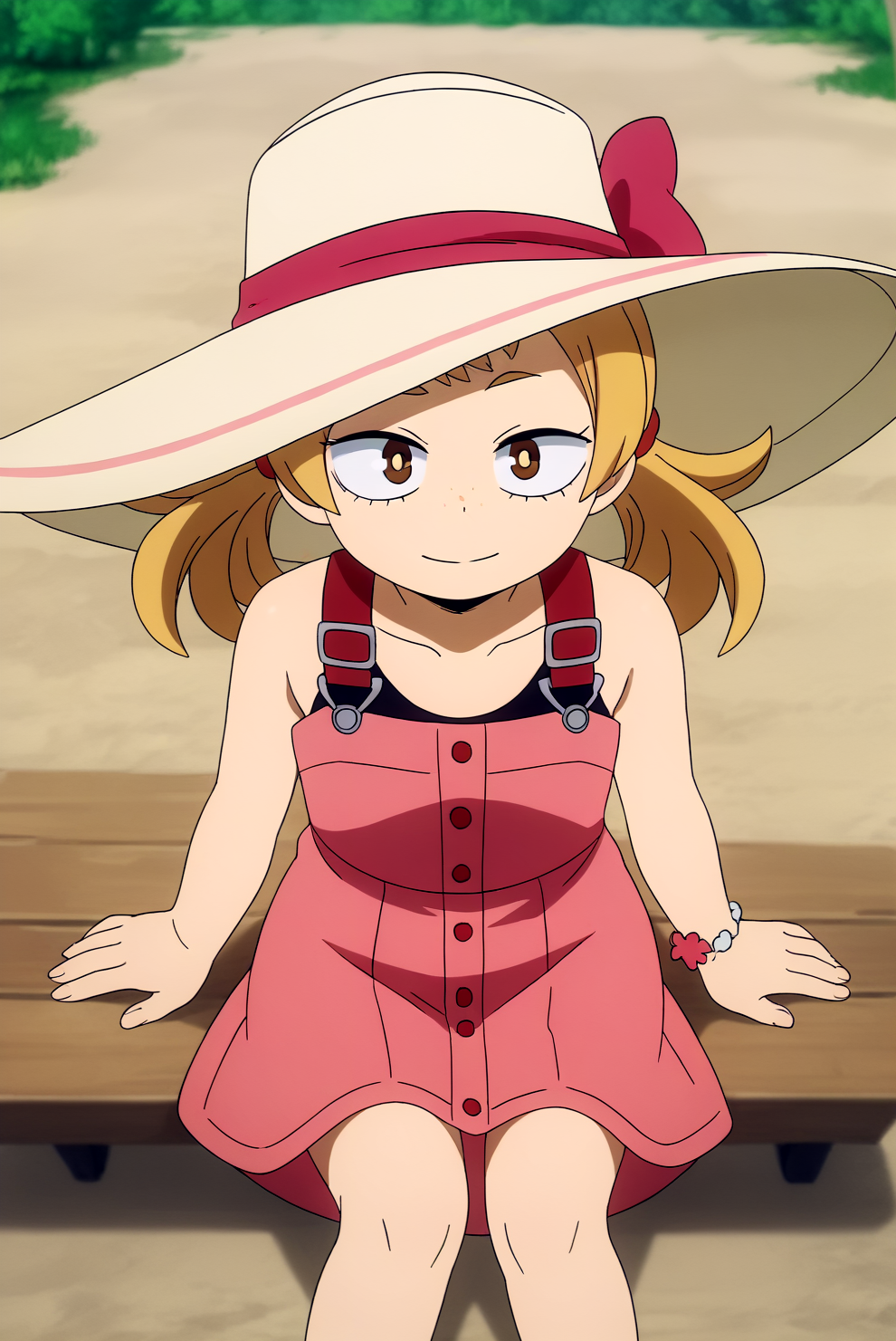Mahoro Shimano, sun hat, looking at viewer, from above, rating safe, sit <lora:commission-MHA-Mahoro_Shimano-PDXL-rnd89:0.8>