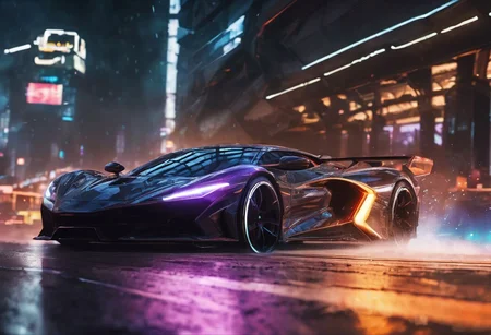 detailed super sport car, sharp edges, sharp focus, close-up, futuristic, <lora:Cbebop-background:1.5>, high quality, high resolution, art by Cain Kuga, night, breathtaking scenary, high-tech, cyberpunk, volumetric lighting, long exposure, speed effect, raining,