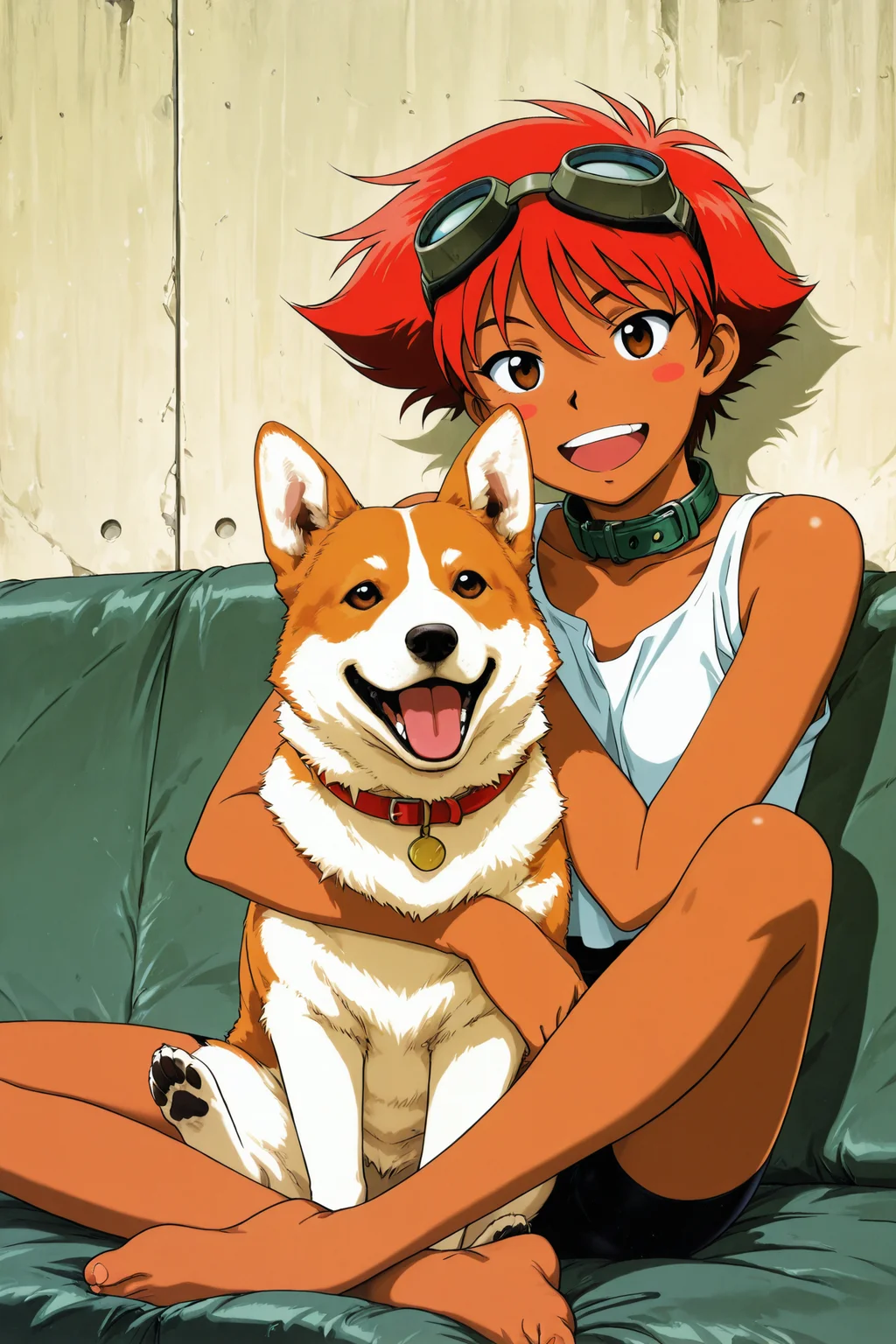 Ein,Edward Wong Hau Pepelu Tivrusky IV,1girl,dog,bike shorts,barefoot,solo,short hair,dark skin,red hair,dark-skinned female,smile,tomboy,open mouth,blush stickers,goggles on head,blush,collar,brown eyes,corgi,sitting,
<lora:Toshihiro Kawamoto_illustriousXL:1>,
