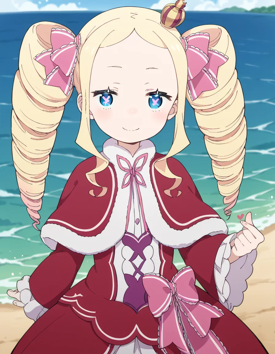 score_9, score_8_up, score_7_up, source_anime, <lora:rezero-beatrice-s3-p1-ponyxl-lora-nochekaiser:1>, beatrice, long hair, blue eyes, blonde hair, twintails, hair ribbon, sidelocks, symbol-shaped pupils, drill hair, twin drills,, dress, ribbon, fur trim, capelet, crown, mini crown, red capelet, frills, bowtie,, ocean, waves, saltwater, fish, vast, , <lora:finger-heart-ponyxl-lora-nochekaiser:1>, finger heart, heart, blush, smile,, looking at viewer, solo,, dutch angle, cowboy shot