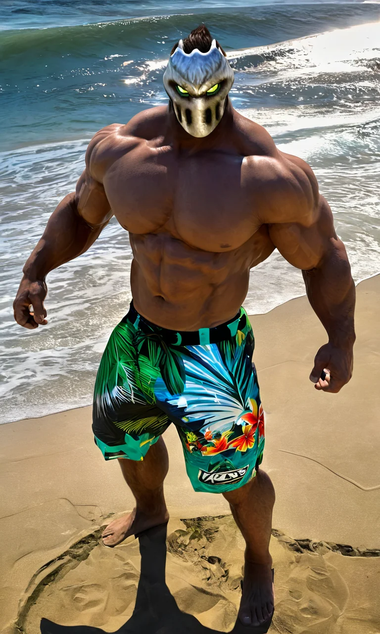 a man standing at the beach, mask, muscular, ricktaylorsdxl, surf shorts, <lora:ricktaylorsdxl:1>, best quality, masterpiece, glowing eyes, highly detailed, hawaiian shirt, tropical