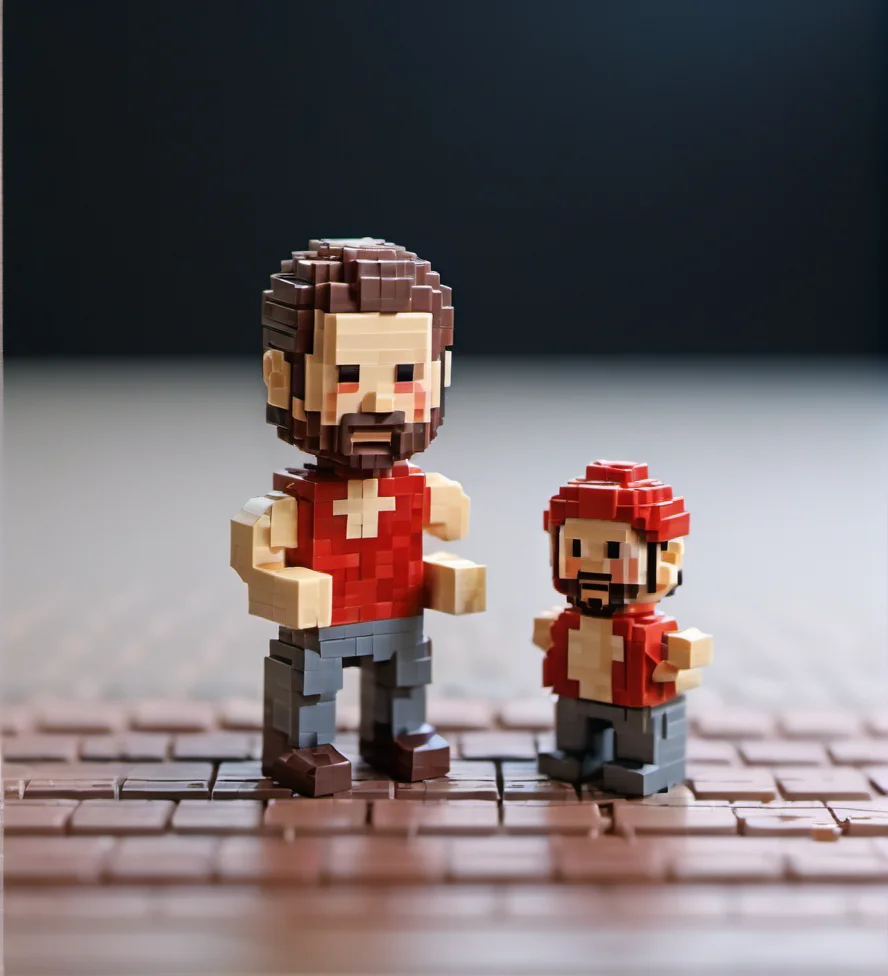 Lego pixel art,isometric,pixel art,figurine,hand,fingers,close-up,toy,retro,blocky,male character,red shirt,beard,3d model,miniature,detailed,creative,handheld,playful,game-inspired,digital art style,focus on foreground,tiny,nostalgic,intricate,personal scale,craftsmanship.,<lora:å¾®ååç´ -000008:0.8>,