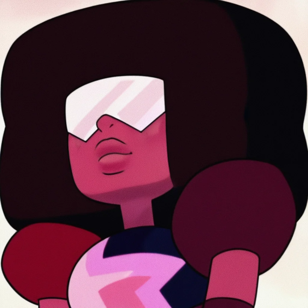 thick lips, black hair, multi colored bodysuit, Garnet, red skin, shoulder pads, 1girl, glasses, cube shaped Afro, long gloves