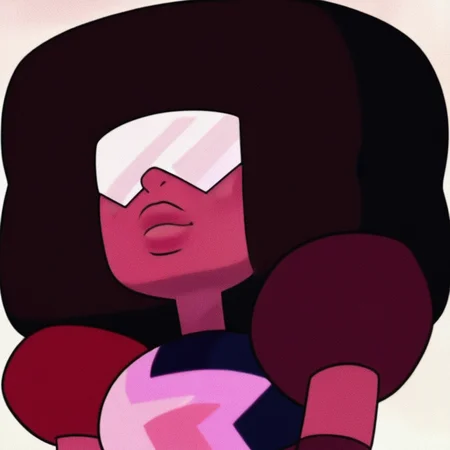 thick lips, black hair, multi colored bodysuit, Garnet, red skin, shoulder pads, 1girl, glasses, cube shaped Afro, long gloves