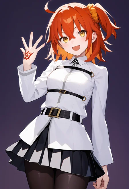 score_9, score_8_up, score_7_up, score_6_up, score_5_up, score_4_up, source_anime, aaritsuka, short hair, orange hair, ahoge, one side up, hair scrunchie, orange scrunchie, yellow eyes, breasts, chaldea uniform, chest harness, white jacket, long sleeves, black belt, pleated skirt, black skirt, black pantyhose, <lora:fujimaru_ritsuka_ponyxl_v1:0.9>, standing, cowboy shot, command spell, hand up, smile, open mouth, dark background,