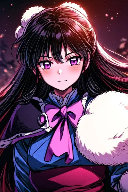 masterpiece, best quality 1girl Setsun4 solo long hair, (night time) forest background black hair very long hair purple eyes multicolored hair armor (fur trim) (medium body),<lora:EMS-179-EMS:0.800000>,<lora:EMS-293862-EMS:0.800000> bow, hair_bow, hair_tubes, red_bow, brown_hair, long_hair, bangs, ascot, frilled_bow, yellow_ascot, blush, smile, hair_between_eyes, athletic