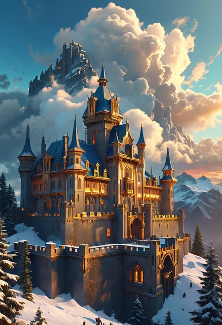 bright colorful, ultra fine detail, swirling clouds, Artstation trending, art nouveau, raytracing, highly detailed and intricate, golden ratio, dark gradient ink with intricate designs, hypermaximalist, luxury, elite, English castle, majestic, defended, snow, ephemeral, opalescenct, labradorite, cinematic, cgsociety : sunbleached, high definiton. mountain, blue skies,