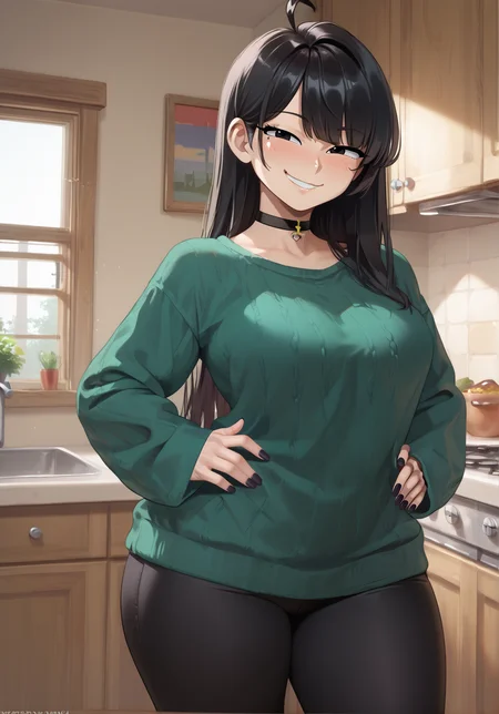 score_9, score_8_up, score_7_up, rating_explicit, zPDXL2, zPDXLxxx, zPDXL3, source_anime,
<lora:KukiSanban:1>, kuki sanban, numbuh 3, long hair, black hair, ahoge, black eyes,
choker, green sweater, sleeves past wrists, black leggings,
black eyes, smile, blush, smug,
hands to hips, black nails, nail polish,
indoors, kitchen,
thick thighs, wide hips, mature female, standing,
