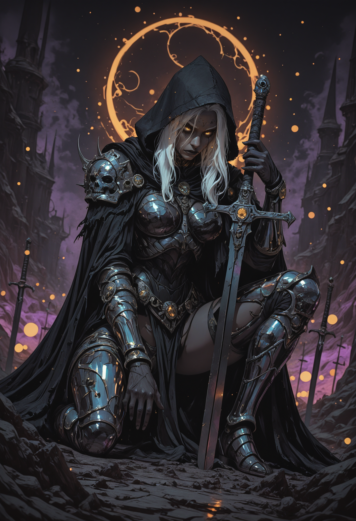 incv1.0, gotav1.0, drkwb,  masterpiece, detailed_eyes, high_quality, best_quality, highres, absurdres, 8k,chiaroscuro,
lineart, sketch, graphite_(medium), (artist:luis royo),  dark theme, thriller, drama, dark fantasy, moode, hard_shading, deep_shading, lovecraftian aesthetic, warhammer aesthetic, reference to dark soulds videogame,  epic, pathos,
1girl, dark paladin, solo, white hair, hood, yellow eyes,shadow_face, dim lit, heavy armor (chrome metal, dark colors), revealing armor, cloak, sit on one knee, half of sword front to girl, planted sword, exhausted pose, dynamic shot, head down,
sexual appearance,sketch background, bokeh, glitched fantasy background, wind effect, 
point of view, dutch angle, close up,
side light, 
 <lora:Gothic-Anime-V1.0_IL:0.6> <lora:DRKWB_modified:0.4> <lora:Artgerm_Sketch_Illustrious:0.2> <lora:Inked_Comic:0.45>