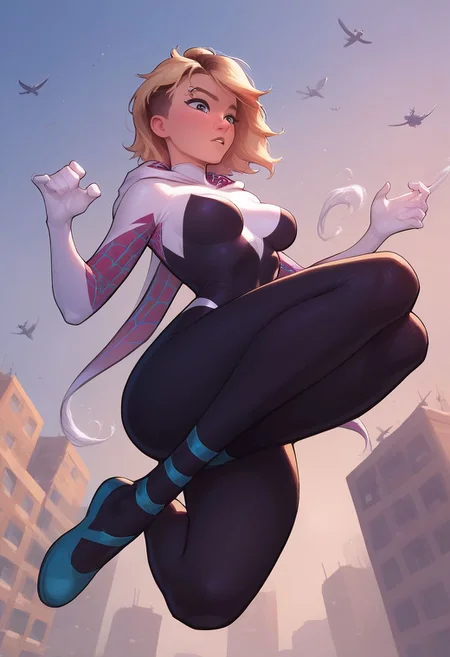 score_9, score_8_up, score_7_up, score_6_up, score_5_up, score_4_up, spider Gwen, swinging through the city, medium breasts, view from above looking down, midnight