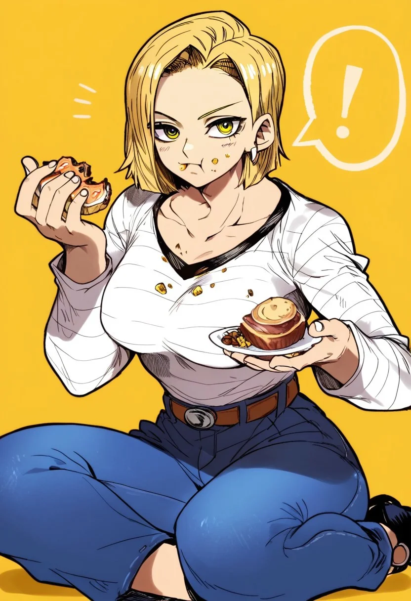 score_9, score_8_up, score_7_up, source_anime, hi res, masterpiece, best quality, highres, Ys_Style, 1girl, large breasts, android 18, short hair, yellow background, eating, looking at viewer, food on face, yellow eyes, !, simple background, belt, pants, long sleeves, denim, holding food, sitting, speech bubble, spoken exclamation mark, shirt, striped, jeans, collarbone