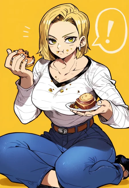 score_9, score_8_up, score_7_up, source_anime, hi res, masterpiece, best quality, highres, Ys_Style, 1girl, large breasts, android 18, short hair, yellow background, eating, looking at viewer, food on face, yellow eyes, !, simple background, belt, pants, long sleeves, denim, holding food, sitting, speech bubble, spoken exclamation mark, shirt, striped, jeans, collarbone