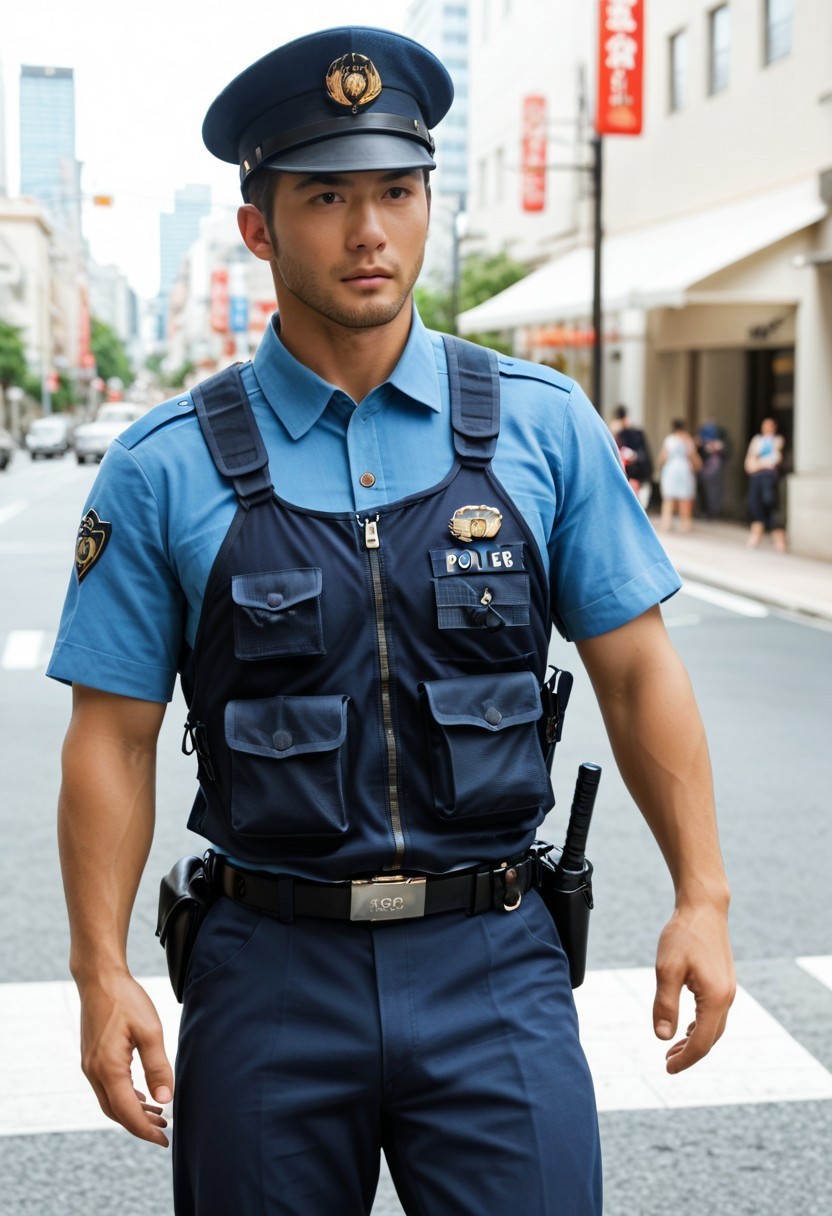 score_9, score_8_up, score_7_up, score_6_up, perfect anatomy, perfect proportions, best quality, masterpiece, high_resolution, high quality, aesthetic, absurdres, (male focus, adult, mature, masculine, manly, virile, hunky, macho, beefy, gay, homo, bara), handsome, charming, alluring, heroic, triumphant, grim, stern, BREAK (asian male, japanese male:1.3), dark hair, short hair, sideburns, facial hair, stubble,  BREAK Japanese Summer Police Uniform, HannekenJpPcSm01, light-blue collared shirt, tucked shirt, rank slides, rank insignia, short sleeves, dark Taijinbogofuku vest, stab vest, dark peaked cap, dark blue pants, walkie-talkie, hip holster, belt pouch, police baton on hip, BREAK, hands on hips, looking away, outdoors, japanese modern city, intersection, traffic, crowd, pedestrian, blurred background, upperbody, dutch angle, cowboy shot, movie still, perfect face, vibrant, vivid, stardom, glamorous, extraordinary achievement, award-winning, expressionist, cinematic, cinematic still, emotional, harmonious, vignette, bokeh, cinemascope, moody, epic, gorgeous