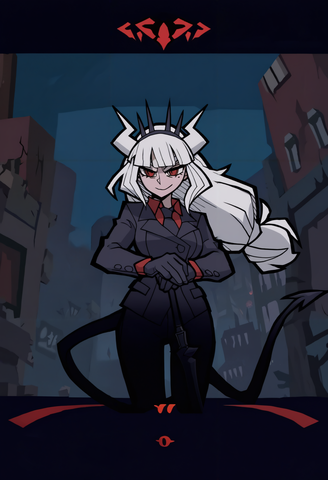 masterpiece, best quality, newest, hdr, dark, night, cityscape, building, city lights, outdoors, 1girl, solo, lucifer \(helltaker\), black suit, red necktie, black collared shirt, black gloves, blunt bangs, demon horns, demon girl, demon tail, sharp teeth, red eyes, white hair, long hair, 
holding sword, planted sword, hands on hilt, straight-on
co0p1r, game cg, game screenshot, fake screenshot <lora:Sly Cooper Style:1>