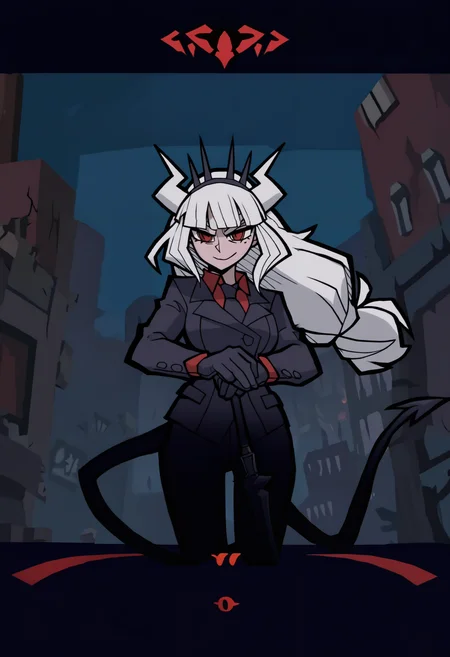 masterpiece, best quality, newest, hdr, dark, night, cityscape, building, city lights, outdoors, 1girl, solo, lucifer \(helltaker\), black suit, red necktie, black collared shirt, black gloves, blunt bangs, demon horns, demon girl, demon tail, sharp teeth, red eyes, white hair, long hair,
holding sword, planted sword, hands on hilt, straight-on
co0p1r, game cg, game screenshot, fake screenshot <lora:Sly Cooper Style:1>