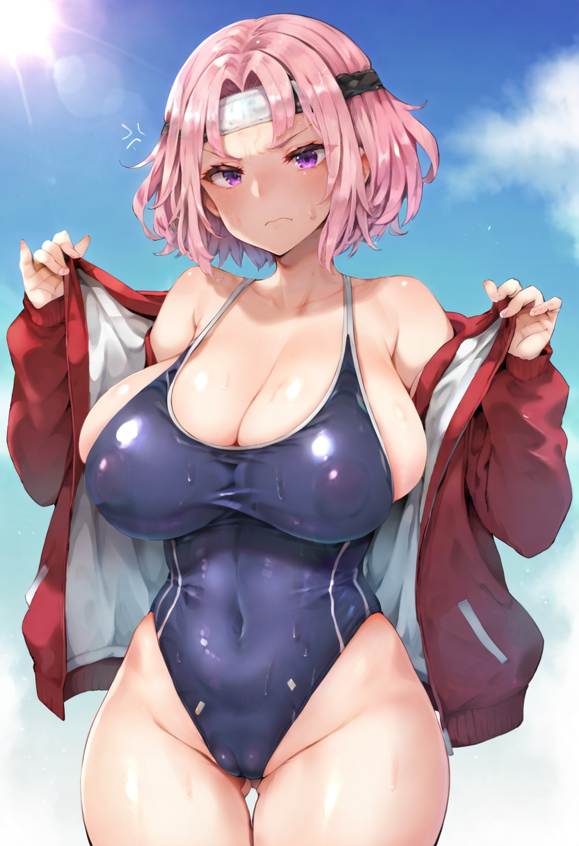 score_9, score_7_up,  1girl, 
solo, huge breasts, wide hips, thick thighs, cleavage, thighs, curvy, hair intakes, open clothes, thigh gap, v-shaped eyebrows, short hair, forehead protector, belly, cameltoe, plump, navel, highleg swimsuit, collarbone, covered nipples, swimsuit, annoyed, sweatdrop, undressing, headband, open jacket, purple eyes, one-piece swimsuit, pink hair, shiny skin, groin, jacket, blush, breasts, school swimsuit, embarrassed, cowboy shot, blue one-piece swimsuit, looking at viewer, ass visible through thighs, red jacket, competition school swimsuit, highleg
 <lora:Tousen-Style-PonyXL-GLoRA-v1.1-000055:1>