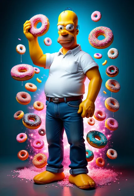 d0nu71f13d, An epic photo of Homer Simpson with a doughnut-shaped head made of doughnuts, white shirt, blue jeans, neon color, masterpiece, best quality, highly detailed, sharp focus, dynamic lighting, flux-style, mobe-cybideen