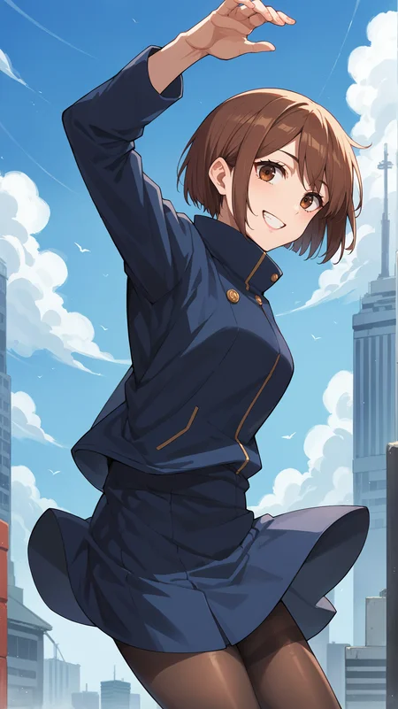 score_9,score_8_up,score_7_up,score_6_up, source_anime, zPDXL3, <lora:xl_more_art-full_v1:0.5>, girl, dynamic pose, spread arms, <lora:Shoko Ieiri - Pony-000004:0.8>, bShoko, short hair, brown hair, brown eyes, jujutsu uniform, blue jacket, long sleeves, blue skirt, pantyhose, light smile, moder city, skyscraper,