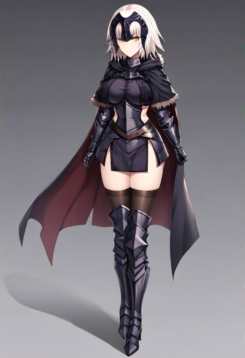 Jeanne_Armored, white hair, short hair, yellow eyes, headpiece, black armor, breastplate, short dress, armored skirt, vambraces, underbust, metal collar, fur-trimmed capelet, cloak, belt, scabbard, thighhighs, armored boots, thighhighs under boots, 
masterpiece, best quality, very aesthetic, absurdres, 1milf, 1adult, solo, full_body, tachi-e,