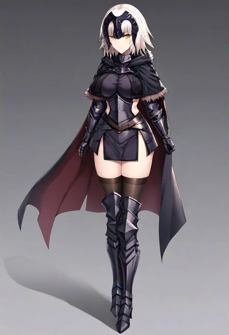 Jeanne_Armored, white hair, short hair, yellow eyes, headpiece, black armor, breastplate, short dress, armored skirt, vambraces, underbust, metal collar, fur-trimmed capelet, cloak, belt, scabbard, thighhighs, armored boots, thighhighs under boots,
masterpiece, best quality, very aesthetic, absurdres, 1milf, 1adult, solo, full_body, tachi-e,