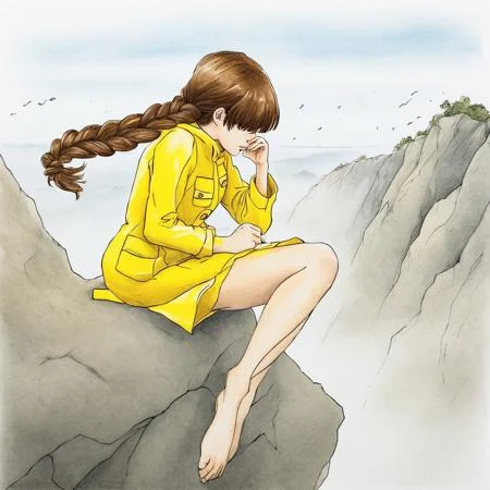 high res, good quality, accurate face, ((high resolution:1.2), (hi-res:1.2), masterpiece, best quality), ng_deepnegative_v1_75t, easynegative, fcNeg, Young girl wearing a yellow raincoat, Girl with braided hair, Long brown hair, girl's hair covering eyes, Pale white skin, young girl in a dusty cliff, golden skies in the background,