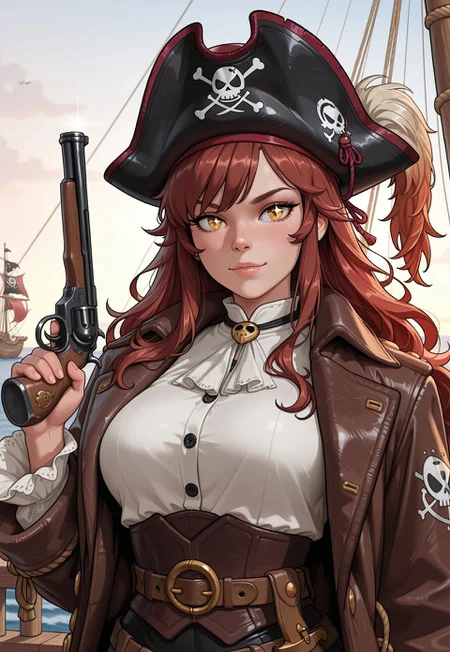 score_9, score_8_up, score_7_up, 1girl, solo, pirate captain, weathered leather coat with brass buttons and worn patches, flintlock pistol with a polished wooden grip and engraved barrel, wavy auburn hair with a tricorn hat, realistic, cinematic angle, cinematic lighting, muscular body, adventurous face, sparkling hazel eyes, commanding pose
BREAK
standing on the deck of a pirate ship
BREAK
source_pirate_art, rating_explicit, expressive, full body, dynamic pose
BREAK
detailed beautiful background, vast ocean with rolling waves and distant islands, wooden pirate ship with tattered sails and weathered deck, crew members in pirate attire, distant horizon with setting sun, adventurous atmosphere with a sense of freedom and danger
<lora:Expressive_H:0.6>Expressiveh, (SimplepositiveXLv1:1.3), (upper body:1.85) ((masterpiece)) (ultra realistic, 32k, masterpiece:1.2), (high detailed skin:1.1), (high quality:1.1) (((full clothed))) <lora:DandonFuga_Style_v.2_-_Pony:0.8> 
<lora:add-detail-xl:1> 
<lora:Dynamic Poses:1>