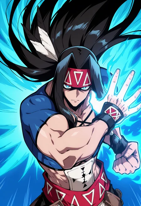 masterpiece, best quality, newest, absurdres, highres, very detailed,
muscular male, 
 foreshortening, outstreched hand, hand towards viewer, open hand, glowing hand, outstreched arm, looking at viewer, upper body, magic, strong wind, glowing outline,<lora:[Char - IL] Shaman King - Silva (v1-E18):1> silva_sk21, black hair, blue eyes, very long hair, blue vest, skin tight, native american, red headband,