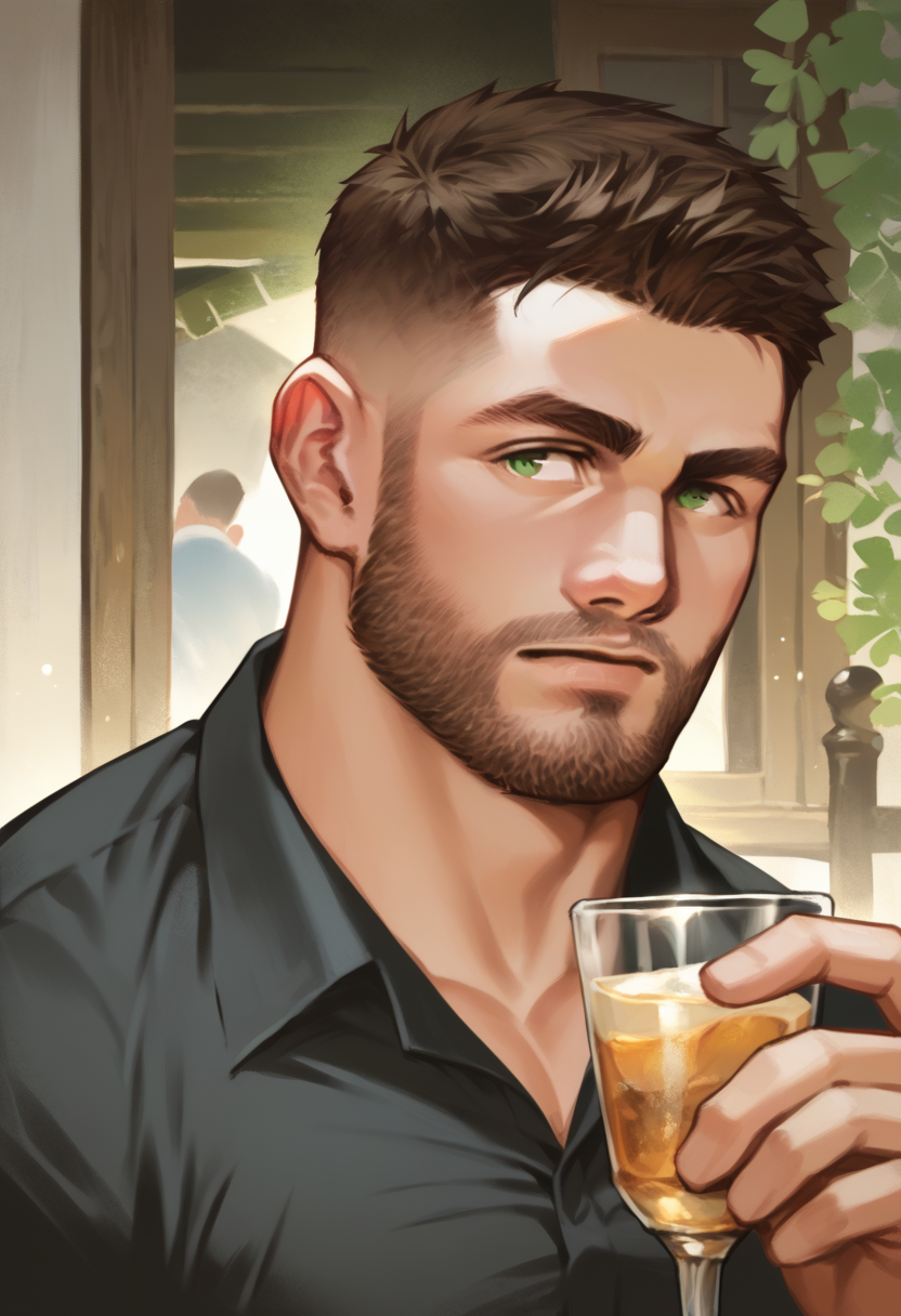 score_9, score_8_up, score_7_up, score_6_up, seamus, 1boy, male focus, solo, facial hair, shirt, short hair, black shirt, beard, holding cup, upper body, brown hair, green eyes, bara, collared shirt, drinking glass, closed mouth, muscular male, muscular, realistic<lora:EMS-417275-EMS:0.700000>, <lora:EMS-402186-EMS:0.700000>, <lora:EMS-431591-EMS:0.750000>