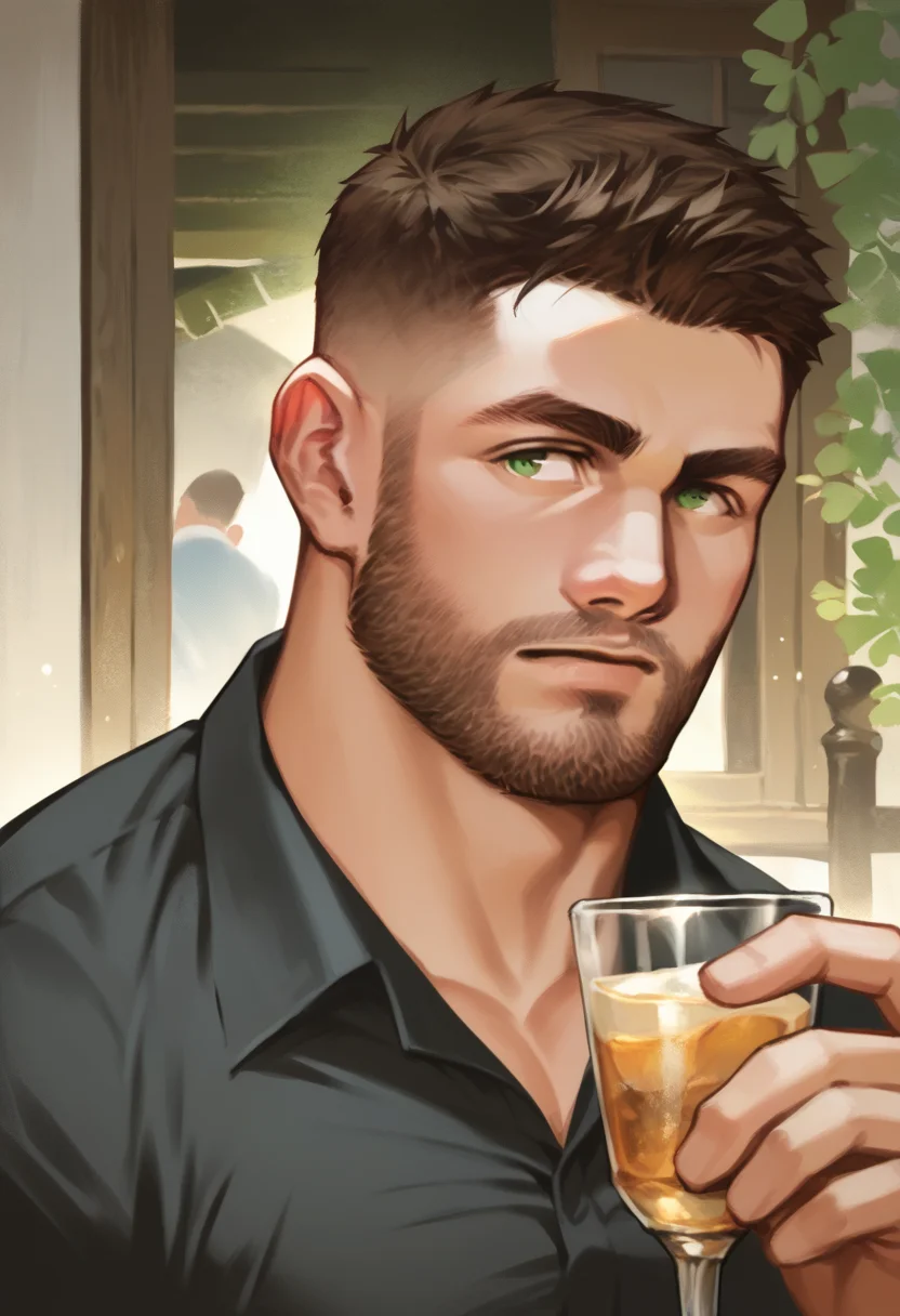 score_9, score_8_up, score_7_up, score_6_up, seamus, 1boy, male focus, solo, facial hair, shirt, short hair, black shirt, beard, holding cup, upper body, brown hair, green eyes, bara, collared shirt, drinking glass, closed mouth, muscular male, muscular, realistic<lora:EMS-417275-EMS:0.700000>, <lora:EMS-402186-EMS:0.700000>, <lora:EMS-431591-EMS:0.750000>