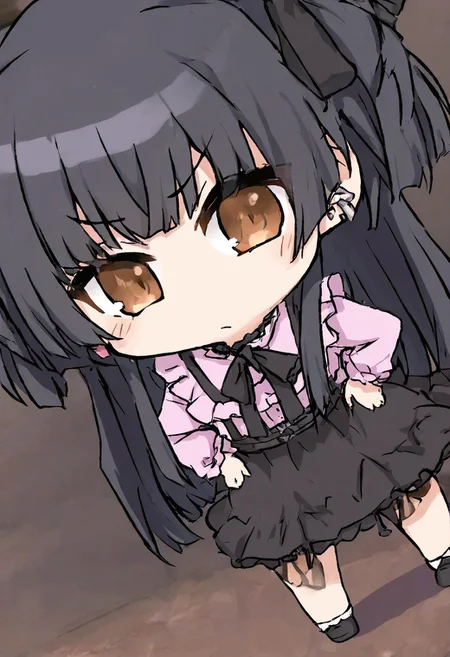 score_4,score_5,score_6,score_7_up,score_8_up,score_9 ((masterpiece,best quality,ultra detailed,highres,HD,4k:1.2)), 
1 girl,solo,face focus,
chibi,full body,deformed,| |,
fuyuko mayuzumi, black hair, brown eyes, long hair, two side up,
black bow, black bowtie, black ribbon, black skirt, bow, bowtie, frilled shirt, frills, jirai kei, long sleeves, neck ribbon, pink shirt, ribbon, shirt, skirt, white shirt,
hands on hip,
looking at viewer,from front,front view,front angle,
frown,blush,closed mouth,