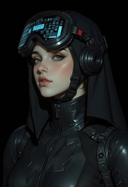 A highly detailed digital illustration in a futuristic, sci-fi style, featuring a close-up of a woman wearing an avant-garde matte black spacesuit with intricate, high-tech designs. The suit is sleek and non-reflective, its deep black surface absorbing light while showcasing sharp geometric patterns and asymmetrical contours that merge functionality with futuristic fashion. Her helmet, a technological masterpiece, features a large transparent digital screen visor, displaying real-time data such as radioactive values and environmental statistics, seamlessly overlaid without obstructing her vision. The faint glow of the digital interface contrasts with the matte black aesthetic, subtly illuminating her almond-shaped eyes, accentuated by minimalist makeup, and her softly pink lips. Her pale, smooth complexion carries a gentle blush, standing out against the monochromatic tones of her suit and surroundings. The background is also matte black, an endless void that enhances the sleek modernity of the design, emphasizing her presence against the dark expanse. The absence of reflective surfaces creates an atmosphere of depth and mystery, immersing the viewer in a moment of cutting-edge technological sophistication and futuristic elegance. ((vintagegirls))