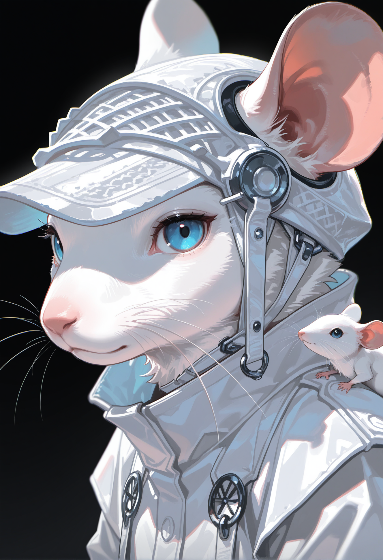 masterpiece, best quality, newest, highres, absurdres,focused subject,no lineart, no outline, solo, looking at viewer, blue eyes, simple background, closed mouth, no humans, animal, black background, portrait, animal focus, ears through headwear, mouse, whiskers, clothed animal, chromatic aberration, white theme,limited palette,from side,4ki4k4ne_illu