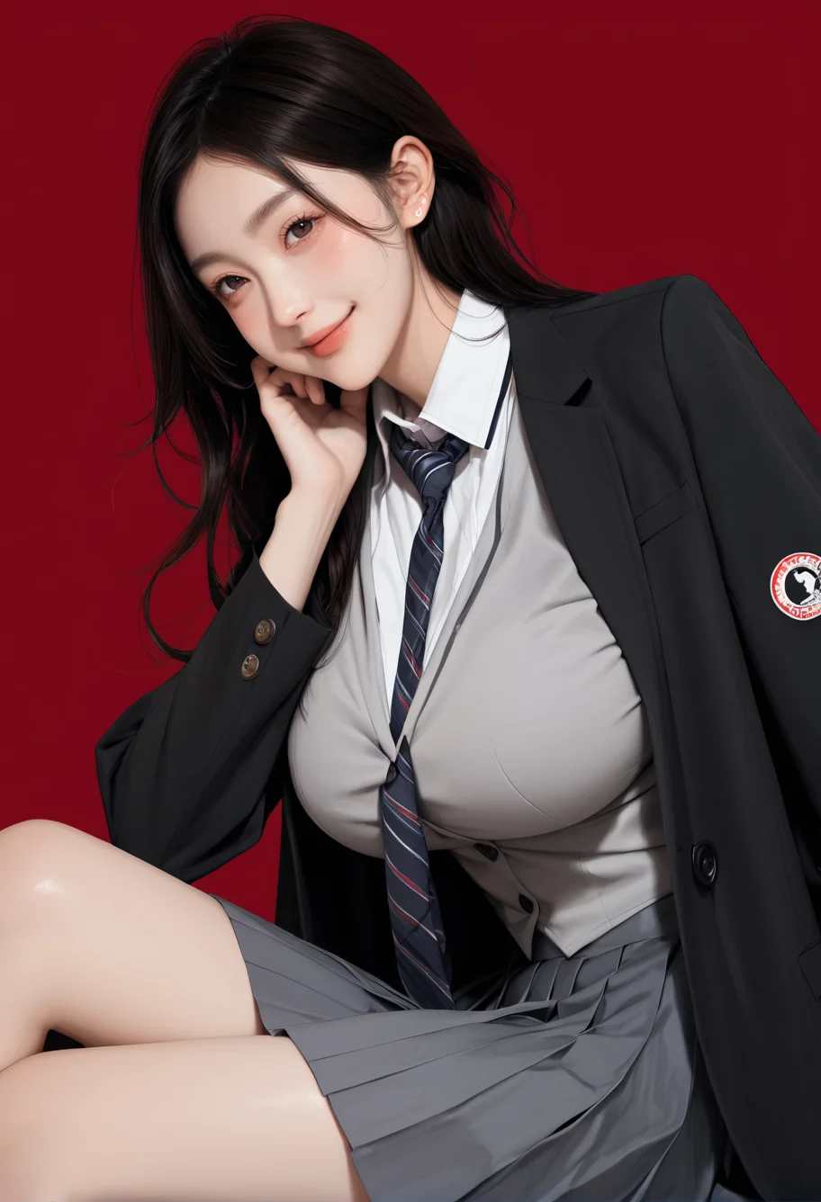 1girl,red background,,ruanyi1014,black jacket,grey skirt,grey vest,pleated skirt,striped necktie,clasp,<lora:1014 Home wear 32_v1_pony:1>, score_9, score_8_up, score_7_up, score_6_up, score_9, score_8_up, score_7_up, score_6_up source_anime, blush, 1girl, seduce smile, perfect body , natural huge breasts