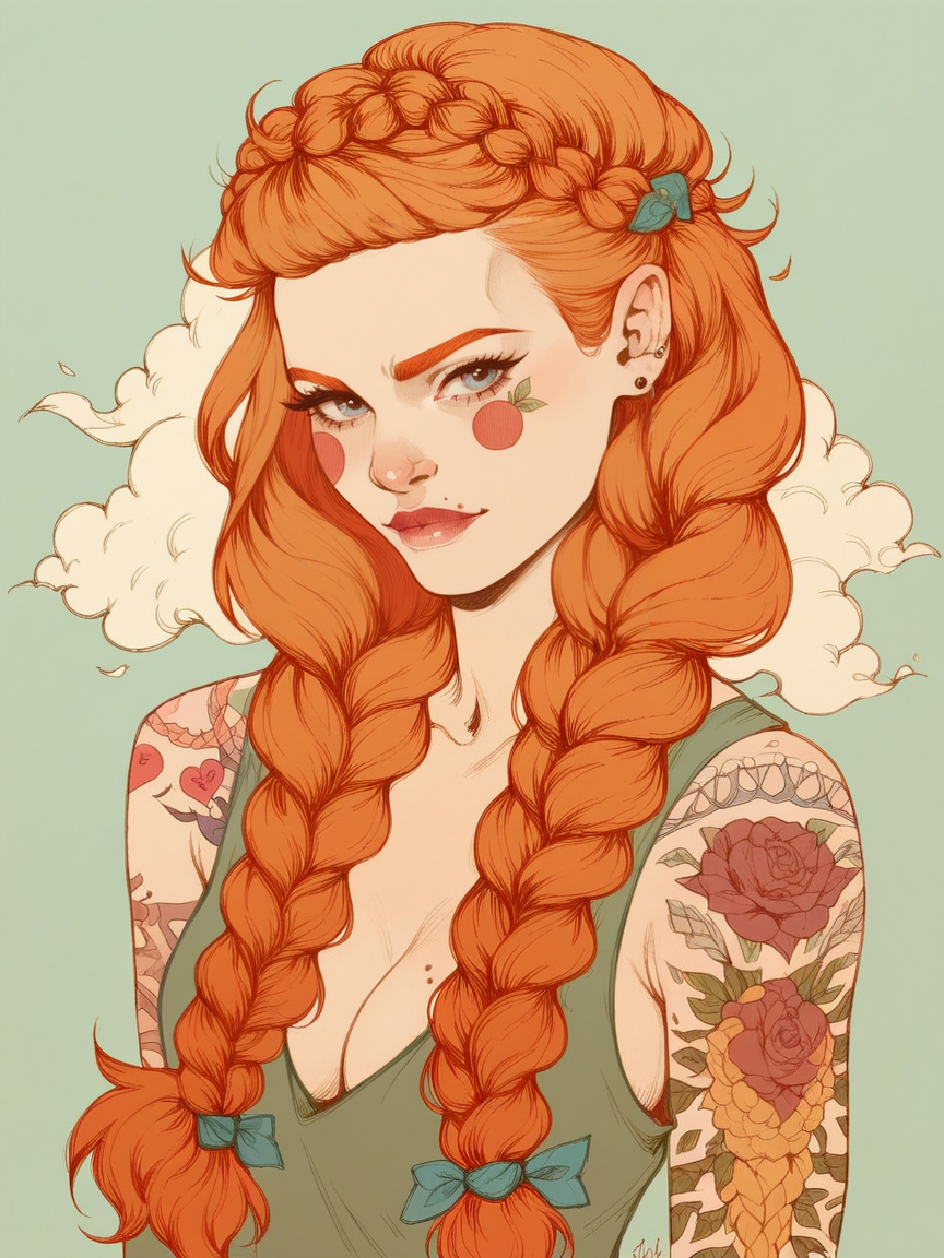score_9, score_8_up, score_7_up, score_6_up,   <lora:l1zXLP:0.9> l1z, 1girl, tattoo, solo, ginger hair, curvy, twin braids,
