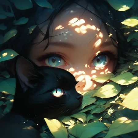 aaPO8bd, score_9,score_8_up,score_7_up,score_6_up,score_6_up, 1girl, blue eyes, black cat, look at viewer, eye focus, animal, leaf,dappled sunlight, black hair, solo