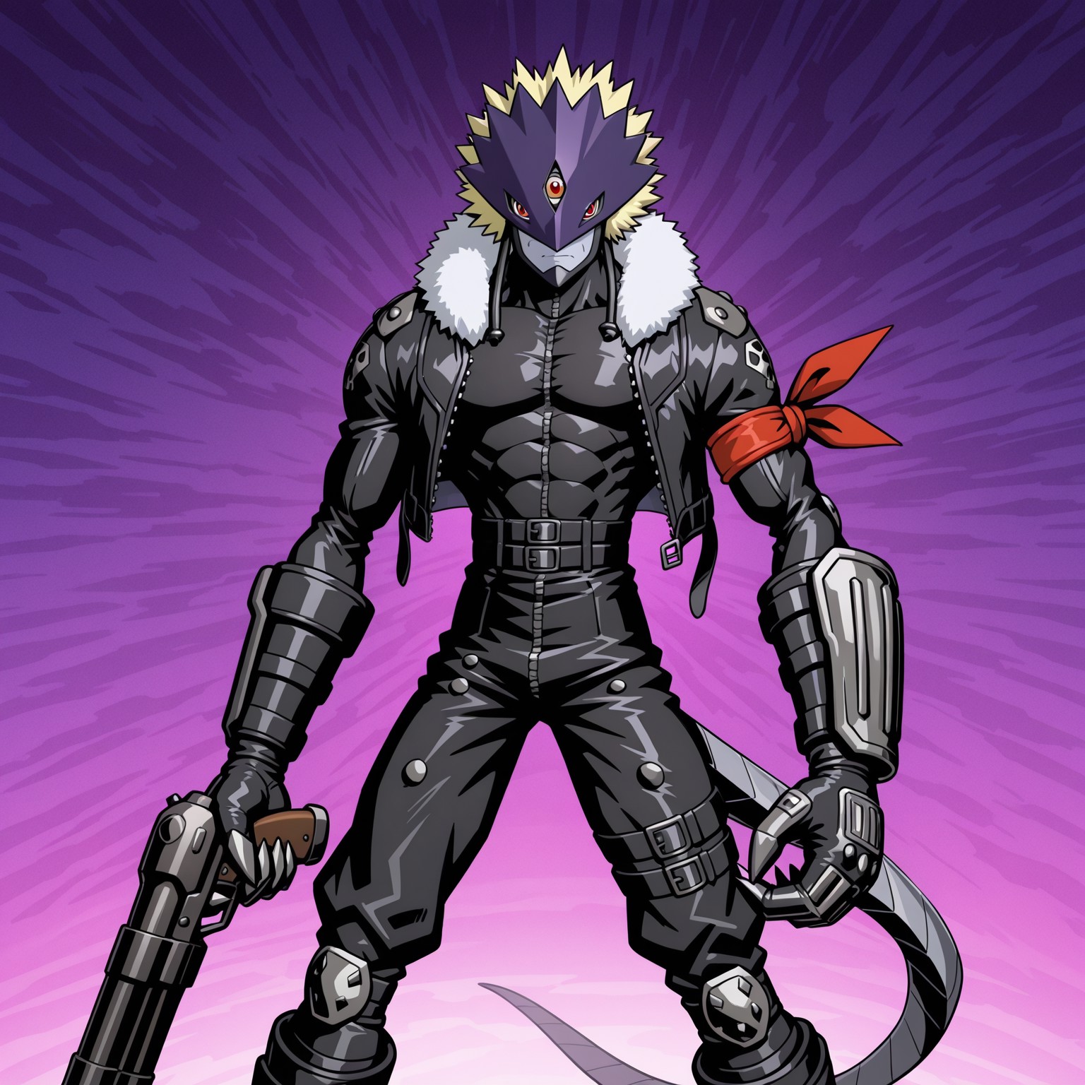 2d, solo, 1boy, male, Beelzemon, digimon (creature), humanoid, red eyes, third eye, purple mask, blonde hair, spiked hair, colored skin, gray tail, scaly steel tail, muscular, abs, pecs, claws

Fur trimmed jacket, red arm bandana, Zipper, skin tight shirt, black leather shirt, black open jacket, cropped jacket, long sleeves, black belts, black leather pants, black boots, steel arm pads, steel knee pads, steel toed boots, 

BREAK standing, upper body focus, looking at viewer, serious expression, holding gun, abstract background

BREAK best quality, amazing quality, very aesthetic, absurdres, newest, masterpiece, high quality