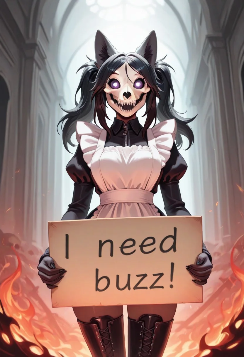 score_9, score_8_up, score_7_up, masterpiece, best quality, good quality, highly detailed, absurdres, intricate details, detailed eyes, detailed background, 1girl, wolf girl, skull face, sharp teeth, solo, scp-1471, medium_hair, black hair, looking_at_viewer, smile, bangs, anime, flames erupting from servers , surrounded by flames, twintails, purple_eyes, boots, maid, teeth, grin, cowboy shot, need_buzz, holding sign
heart-shaped pupils, [crazy eyes], cg, masterpiece, 8k,