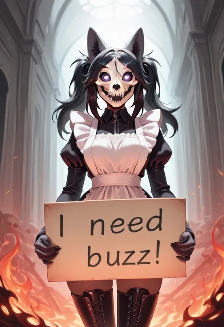 score_9, score_8_up, score_7_up, masterpiece, best quality, good quality, highly detailed, absurdres, intricate details, detailed eyes, detailed background, 1girl, wolf girl, skull face, sharp teeth, solo, scp-1471, medium_hair, black hair, looking_at_viewer, smile, bangs, anime, flames erupting from servers , surrounded by flames, twintails, purple_eyes, boots, maid, teeth, grin, cowboy shot, need_buzz, holding sign
heart-shaped pupils, [crazy eyes], cg, masterpiece, 8k,