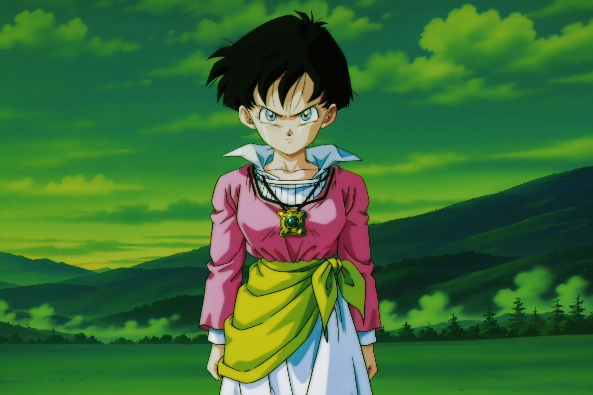 anime screencap, absurdres, high quality, official style,
videl, 1990s \(style\), anime coloring, retro artstyle, movie costume, 1girl, solo, very short hair, spiked hair, black hair, looking at viewer, serious, blue eyes, eyelashes,necklace, amulet, collar up, pink dress, multi tone clothing, long sleeves, white undershirt, white skirt, yellow sash, pantyhose, purple legwear, v-shaped eyebrows, green theme, fog, arms by side, sunset, mountainous horizon, standing, cloudy sky, outdoors, day green hue,
cowboy shot, 
 <lora:Videl:0.8>