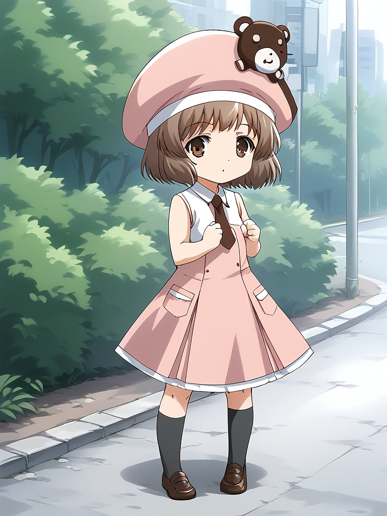 score_9, score_8_up, score_7_up, source_anime, rating_explicit, BREAK  <lora:Amatsuka_Sakura_Ver2.0_XL:1> AmatsukaSakura, brown hair, short hair, brown eyes, bangs, hat, chibi,
1girl, solo, dress, outdoors, sleeveless, socks, shoes, brown footwear, sleeveless dress, necktie, pink dress, kneehighs, black socks, pink headwear, loafers, day, looking at viewer, pleated dress, medium dress, clenched hands, full body, standing, bush, road