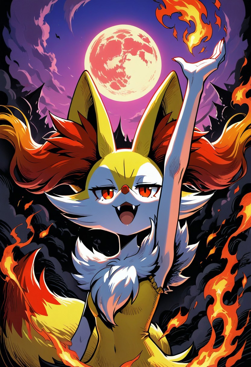 masterpiece,best quality,amazing quality, FMIXFT, radiant details, sbshd, mm2shd, solid black shading, gradient coloring, gradient colors, hatching (texture), braixen, solo, one arm above head, hand up, flames, purple skies, red skies, moon, clouds, upper body, looking at viewer, fangs,  jitome, open mouth, fangs