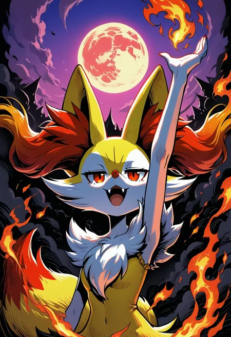 masterpiece,best quality,amazing quality, FMIXFT, radiant details, sbshd, mm2shd, solid black shading, gradient coloring, gradient colors, hatching (texture), braixen, solo, one arm above head, hand up, flames, purple skies, red skies, moon, clouds, upper body, looking at viewer, fangs,  jitome, open mouth, fangs