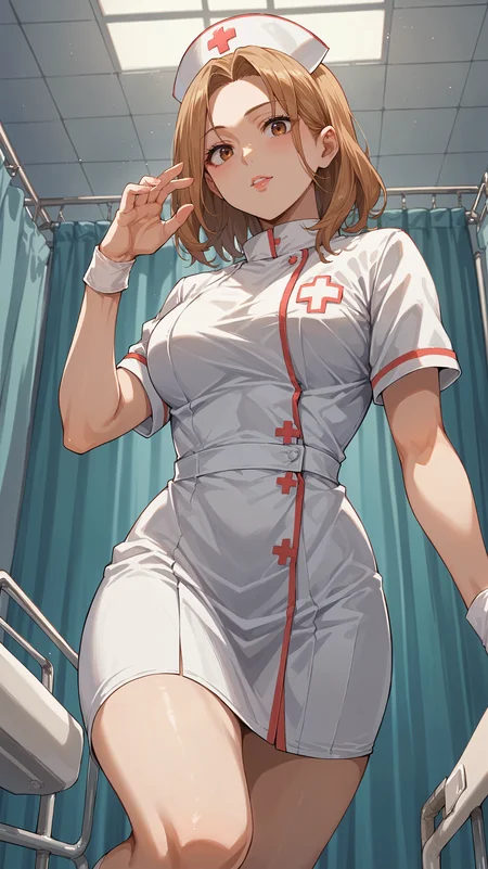 score_9,score_8_up,score_7_up,score_6_up, <lora:xl_more_art-full_v1:0.5>, source_anime, girl, dynamic pose, twisted torso, <lora:Camie Utsushimi - Pony:0.8>, brown hair, medium hair, brown eyes, nurse cap, nurse outfit, hospital,