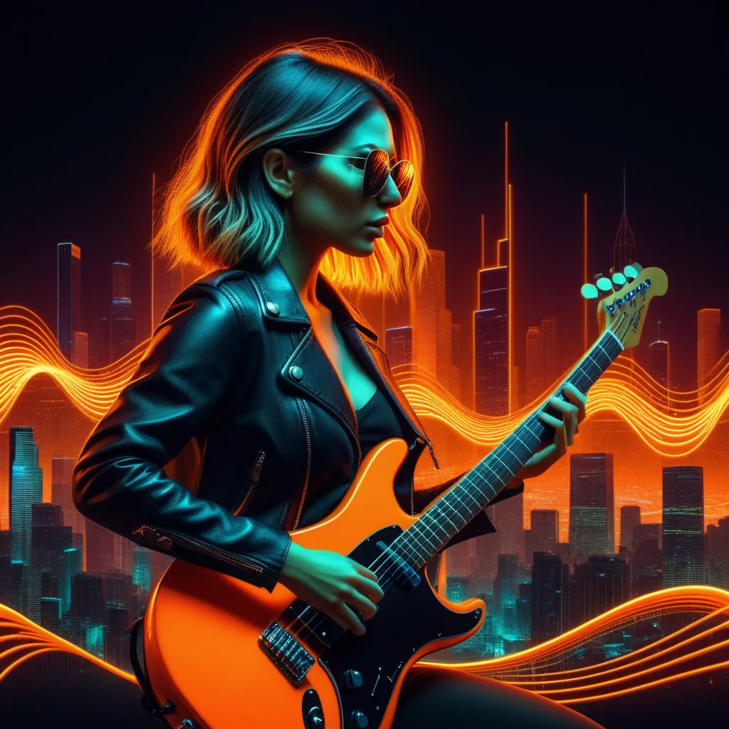 woman, guitar, neon, soundwaves, cool, realistic, music, album cover, abf_cover <lora:ABF_AlbumCover_2:.6>, realistic,  <lora:add-detail-xl:.4>, orange, city, sunglasses, ear