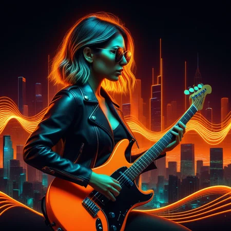 woman, guitar, neon, soundwaves, cool, realistic, music, album cover, abf_cover <lora:ABF_AlbumCover_2:.6>, realistic,  <lora:add-detail-xl:.4>, orange, city, sunglasses, ear