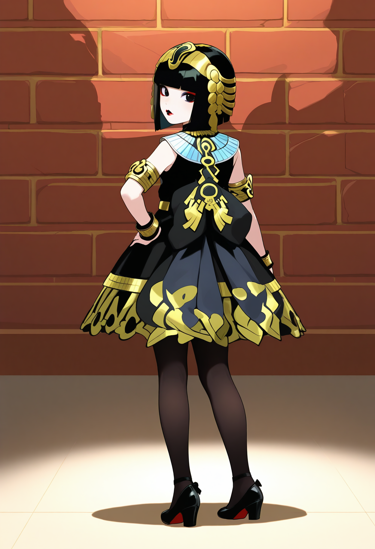 best hands, 5 fingers, <lora:Atropos_IL1.1:1>looking at viewer, No expression,
(from behind:1.2), looking back,
Atropos, 1girl, solo, black short hair, blunt bangs, black eyes, Red and black lips, makeup, jewelry,
necklace, black sleeveless dress, bracelet, armlet, egyptian, black pantyhose, Black Pumps
Illustration, hand on own hip,
BREAK indoors, brick wall, shadow,
