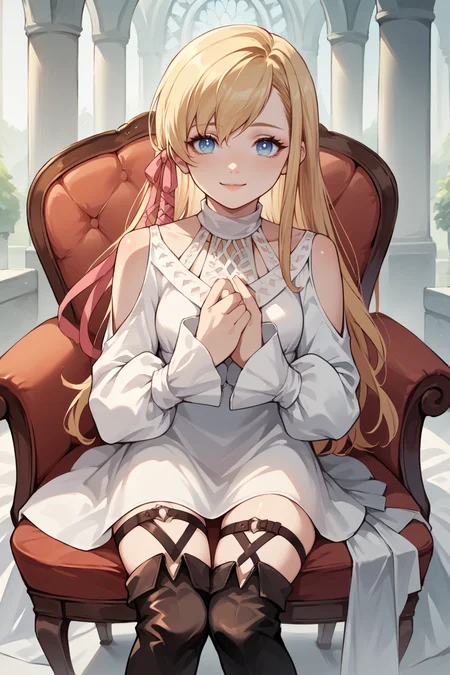 score_9, score_8_up, score_7_up, score_6_up, source_anime, BREAK 1girl <lora:ryne-pdxl-nvwls-v1:1> ryne, blonde hair, blue eyes, hair ribbon, white dress, shoulder cutout, thigh strap, thigh boots, sitting, fancy chair, mansion, white background, looking at you, serene smile