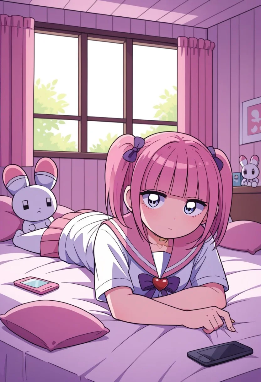 score_9, score_8_up, score_7_up,
masterpiece, best quality, detailed, amazing quality,
detailed background, bedroom, messy room, clutter, window, plushies, plush toys, pillows,
detailed eyes, clean eyes,
laying on bed, laying on stomach, looking at phone,
easynegative,
solo, 1girl, menhera-chan, usatan, school uniform, serafuku