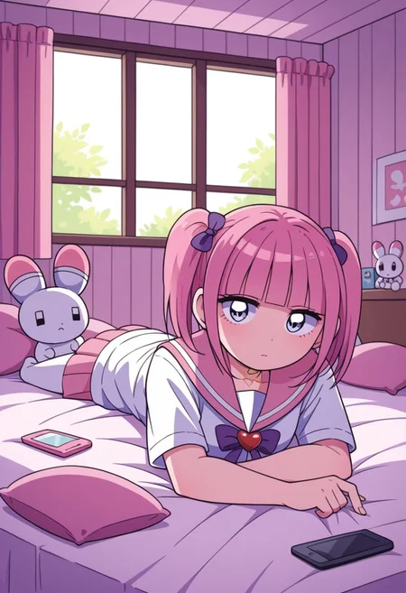 score_9, score_8_up, score_7_up,
masterpiece, best quality, detailed, amazing quality,
detailed background, bedroom, messy room, clutter, window, plushies, plush toys, pillows,
detailed eyes, clean eyes,
laying on bed, laying on stomach, looking at phone,
easynegative,
solo, 1girl, menhera-chan, usatan, school uniform, serafuku